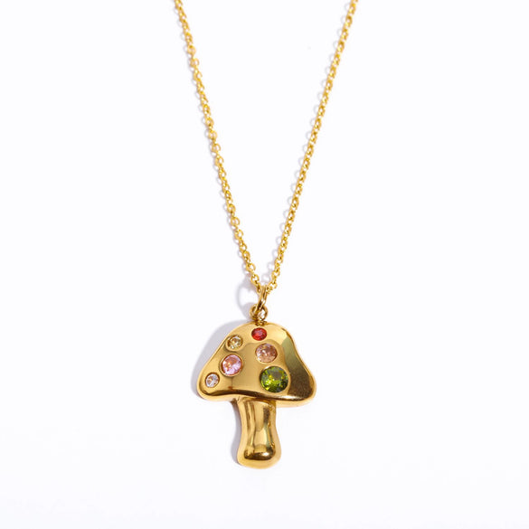 Wholesale Simple Style Colorful Zircon Mushroom Pendant Titanium Steel Necklace Electroplated With 18K Gold For Women