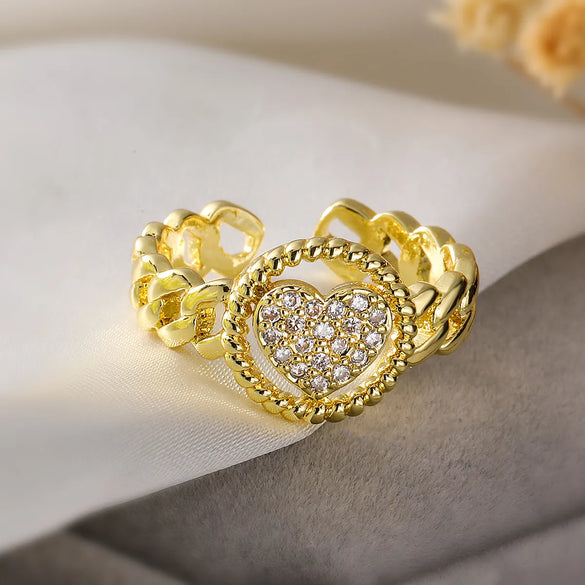 Wholesale Simple Style Commute Geometric Heart Shape Copper Hollow Out Inlay 18K Gold Plated Zircon Open Rings