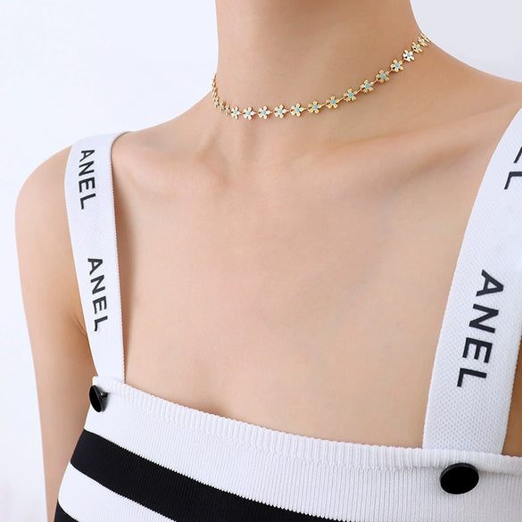 Wholesale Simple Style Electroplated Titanium Steel Flower Blue Oil Drop Women's Jewelry Set Of Necklace And Bracelet