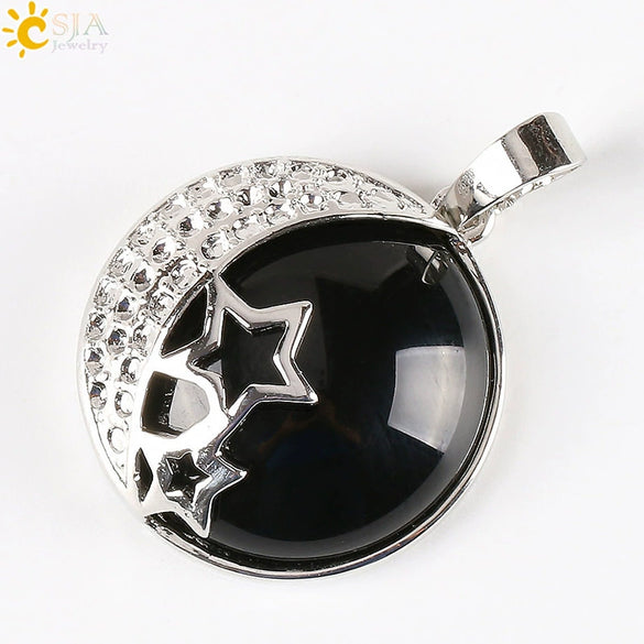 Wholesale Simple Style Natural Semiprecious Stone And Copper Accessories Pendant Necklace With Hollow Back Round Moon Star Design For Women