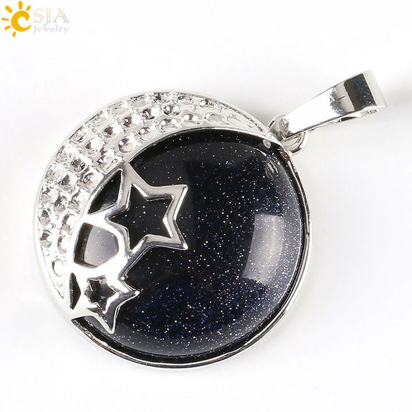 Wholesale Simple Style Natural Semiprecious Stone And Copper Accessories Pendant Necklace With Hollow Back Round Moon Star Design For Women