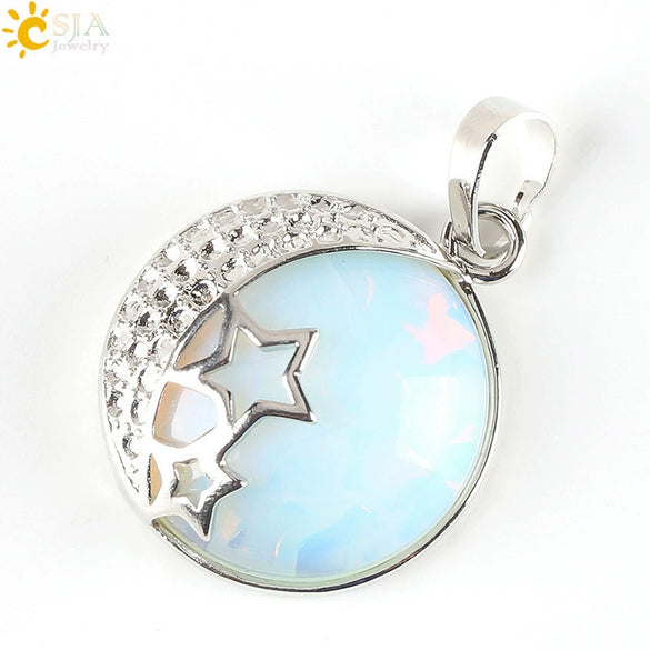 Wholesale Simple Style Natural Semiprecious Stone And Copper Accessories Pendant Necklace With Hollow Back Round Moon Star Design For Women