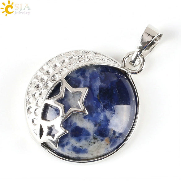 Wholesale Simple Style Natural Semiprecious Stone And Copper Accessories Pendant Necklace With Hollow Back Round Moon Star Design For Women