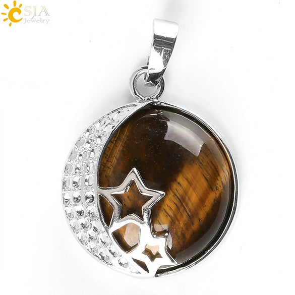 Wholesale Simple Style Natural Semiprecious Stone And Copper Accessories Pendant Necklace With Hollow Back Round Moon Star Design For Women