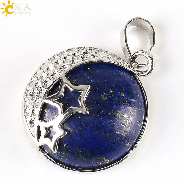 Wholesale Simple Style Natural Semiprecious Stone And Copper Accessories Pendant Necklace With Hollow Back Round Moon Star Design For Women