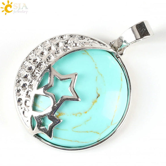 Wholesale Simple Style Natural Semiprecious Stone And Copper Accessories Pendant Necklace With Hollow Back Round Moon Star Design For Women