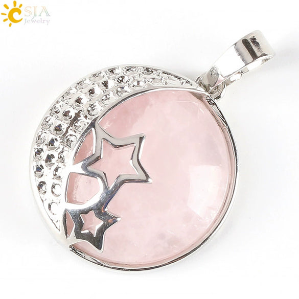 Wholesale Simple Style Natural Semiprecious Stone And Copper Accessories Pendant Necklace With Hollow Back Round Moon Star Design For Women
