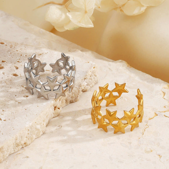 Wholesale Simple Style Stainless Steel Opening Ring With Five Pointed Star And Double Stars Design Electroplated
