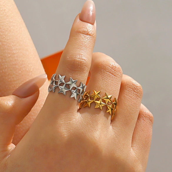 Wholesale Simple Style Stainless Steel Opening Ring With Five Pointed Star And Double Stars Design Electroplated