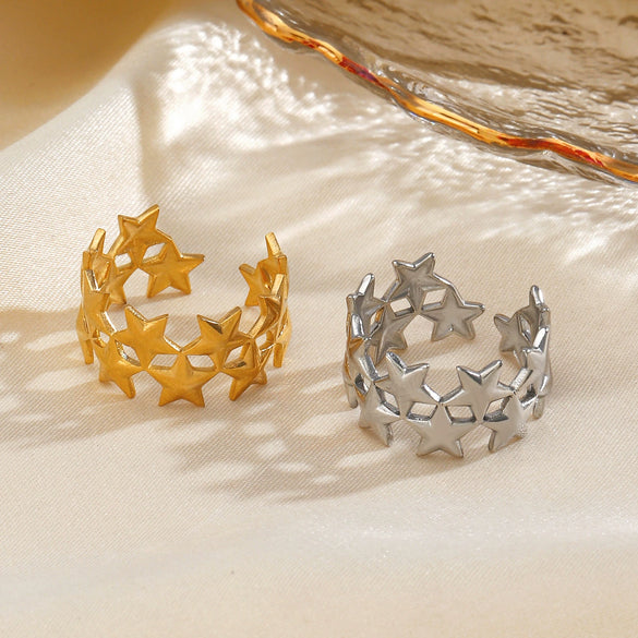 Wholesale Simple Style Stainless Steel Opening Ring With Five Pointed Star And Double Stars Design Electroplated