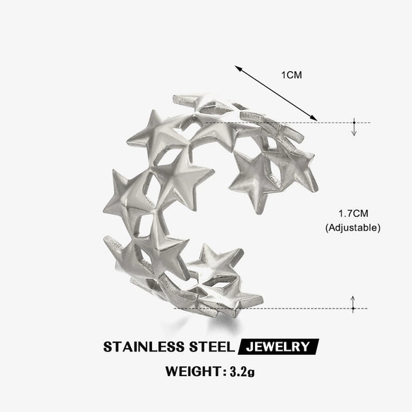 Wholesale Simple Style Stainless Steel Opening Ring With Five Pointed Star And Double Stars Design Electroplated