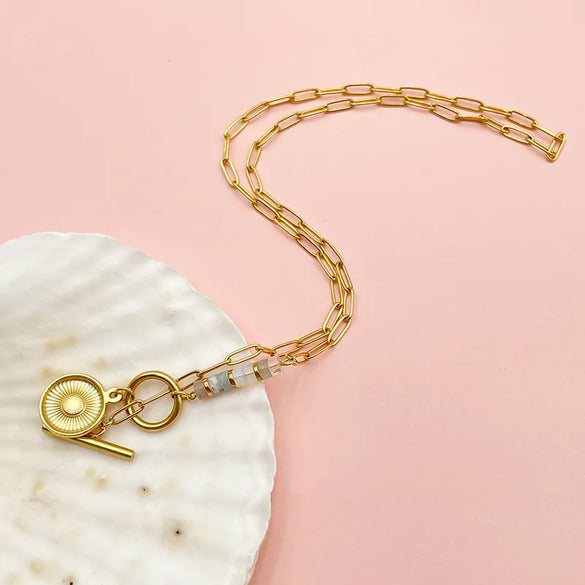 304 Stainless Steel Gold Plated Simple Style Plating Inlay Sun Color Block Natural Stone Turquoise Pendant Necklace