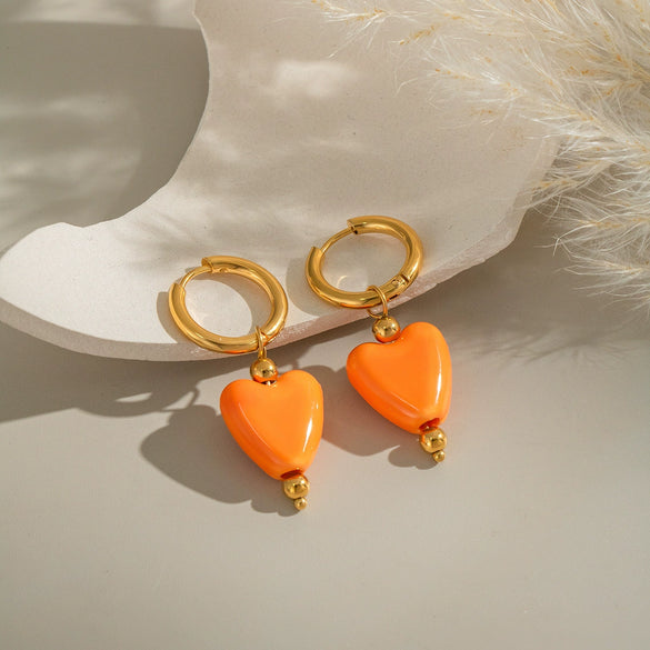 Wholesale Simple Trendy Heart Shape Orange Love Earrings Stainless Steel Electroplated Women's Jewelry Accessories