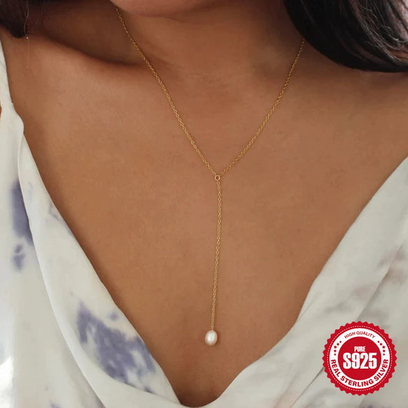 Wholesale Simple Women's Y Shaped Clavicle Necklace With Pearl 925 Sterling Silver Geometric Pattern O Chain Electroplating
