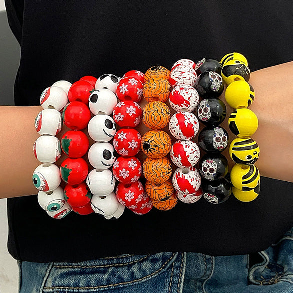 Wholesale Skull Spider Web Handmade Wood Bracelet For Men And Women With Geometric Pattern For Halloween