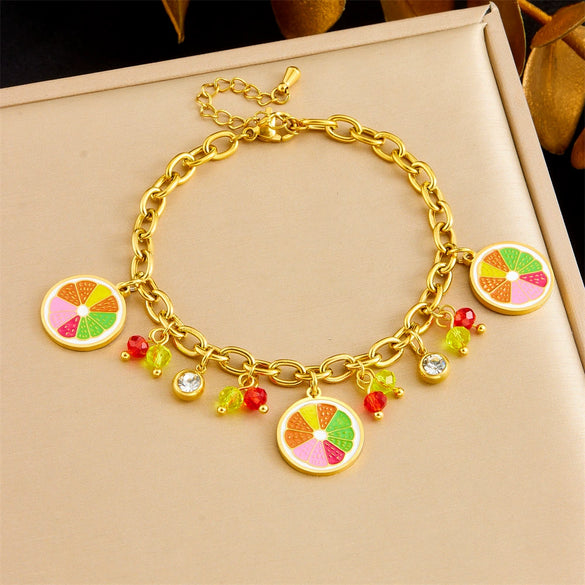 Wholesale Small Fresh Cartoon Fruit Pendant Stainless Steel Bracelet With Color Oil And Electroplating