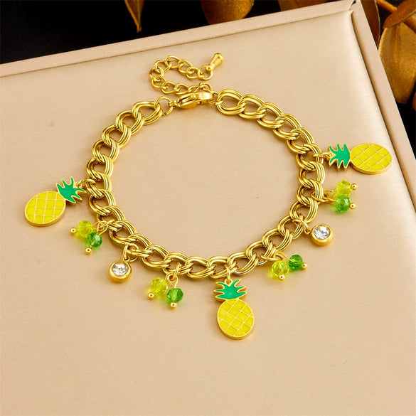 Wholesale Small Fresh Cartoon Fruit Pendant Stainless Steel Bracelet With Color Oil And Electroplating