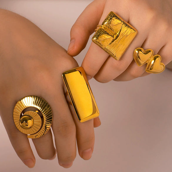 Wholesale Smooth Oversized Geometric Square Conch Stainless Steel Ring With 18K Furnace Vacuum Plating For Women