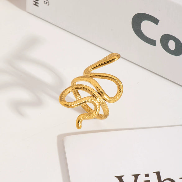 Wholesale Snake Shaped Opening Stainless Steel Personality Ring With Pvd Furnace Vacuum Real Gold Plating And Geometric Pattern