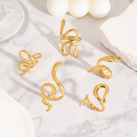 Wholesale Snake Shaped Opening Stainless Steel Personality Ring With Pvd Furnace Vacuum Real Gold Plating And Geometric Pattern