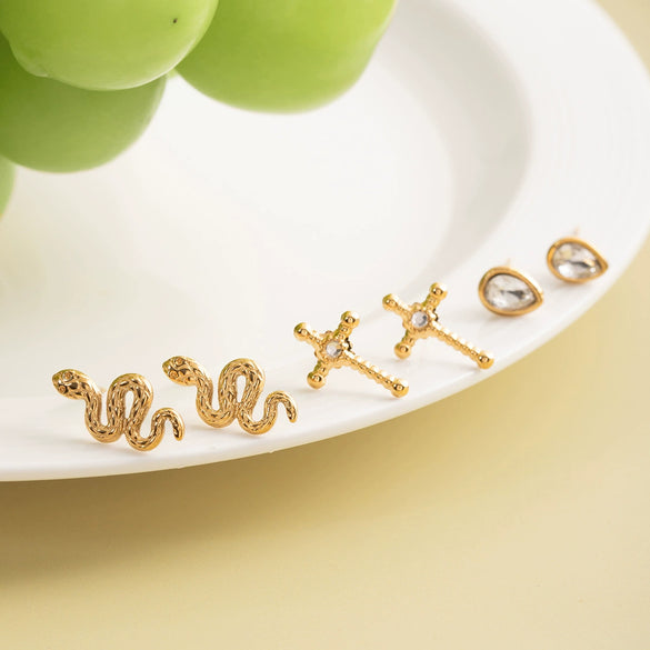 Wholesale Snakeshaped Electroplated Stainless Steel Earrings With Geometric And Zodiac Patterns For Women