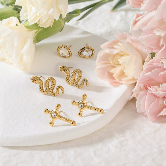 Wholesale Snakeshaped Electroplated Stainless Steel Earrings With Geometric And Zodiac Patterns For Women