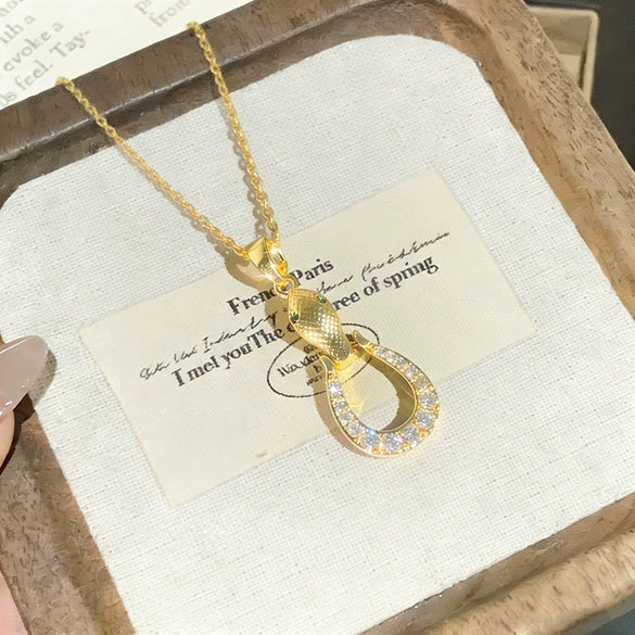Wholesale Snakeshaped Geometric Horseshoe Pendant Titanium Steel Necklace With Zircon Design For Women
