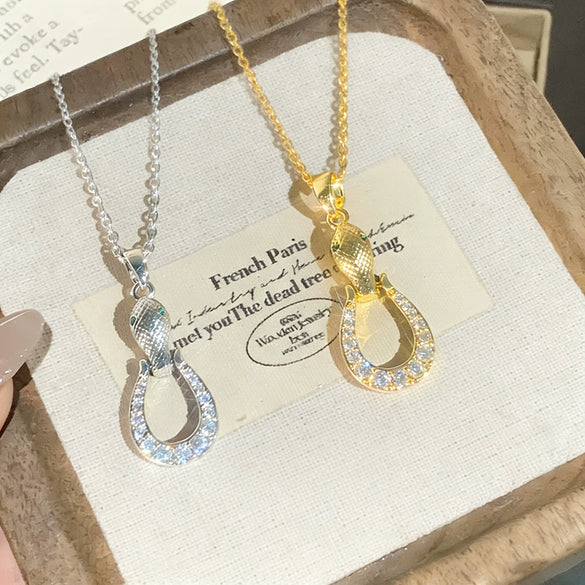 Wholesale Snakeshaped Geometric Horseshoe Pendant Titanium Steel Necklace With Zircon Design For Women