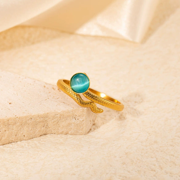 Wholesale Snakeshaped Titanium Steel Ring Inlaid With Color Natural Stone Electroplated Light Luxury For Ladies