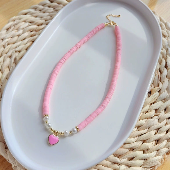 Wholesale Soft Pottery And Organic Glass Women's Bohemian Handmade Beaded Natural Love Pendant Necklace With Geometric Styling And Handwoven Treatment