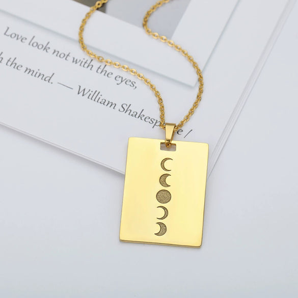 Wholesale Solar System Design Stainless Steel 18K Gold Plated Square Pendant Necklace With Sun Carving And Electroplating For Women