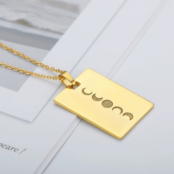 Wholesale Solar System Design Stainless Steel 18K Gold Plated Square Pendant Necklace With Sun Carving And Electroplating For Women