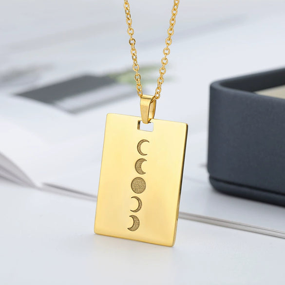 Wholesale Solar System Design Stainless Steel 18K Gold Plated Square Pendant Necklace With Sun Carving And Electroplating For Women