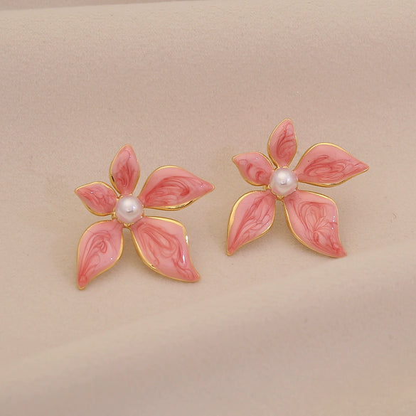 Wholesale Solid Color Oil Drop Flower Imitation Pearl Stainless Steel Earrings For Women