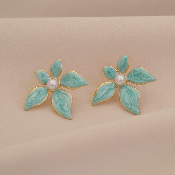 Wholesale Solid Color Oil Drop Flower Imitation Pearl Stainless Steel Earrings For Women
