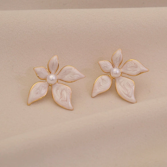 Wholesale Solid Color Oil Drop Flower Imitation Pearl Stainless Steel Earrings For Women