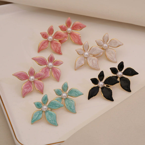 Wholesale Solid Color Oil Drop Flower Imitation Pearl Stainless Steel Earrings For Women
