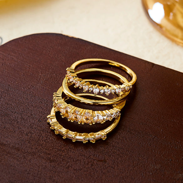 Wholesale Sparkling Gold Electroplated Copper Zircon Ring Set With Geometric Modern Minimalist Design For Women And Men