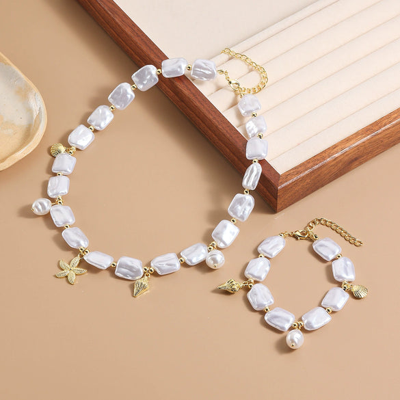 Wholesale Special Shaped Baroque Imitation Pearl Necklace And Bracelet Jewelry Set With Marine Life Pattern And Electroplating Process