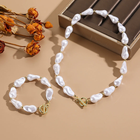 Wholesale Special Shaped Baroque Imitation Pearl Necklace And Bracelet Jewelry Set With Marine Life Pattern And Electroplating Process