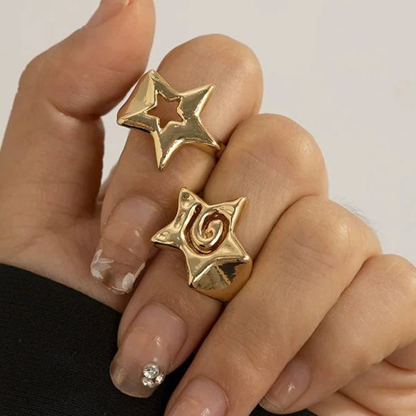 Wholesale Spiral Hollow Hammer Pattern Fivepointed Star Ring Stainless Steel 18K Gold Electroplated Trend Jewelry For Women