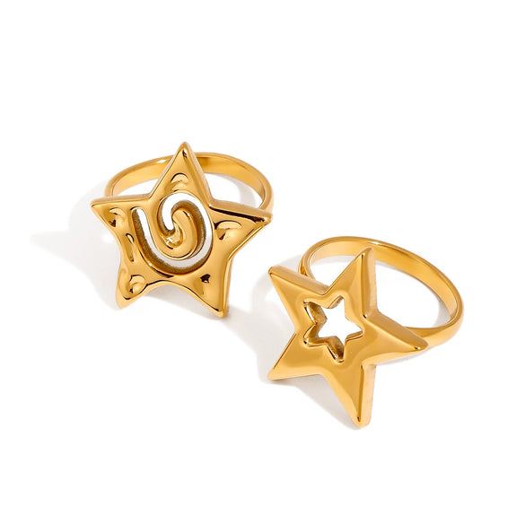Wholesale Spiral Hollow Hammer Pattern Fivepointed Star Ring Stainless Steel 18K Gold Electroplated Trend Jewelry For Women