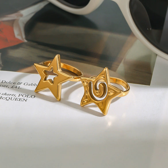 Wholesale Spiral Hollow Hammer Pattern Fivepointed Star Ring Stainless Steel 18K Gold Electroplated Trend Jewelry For Women