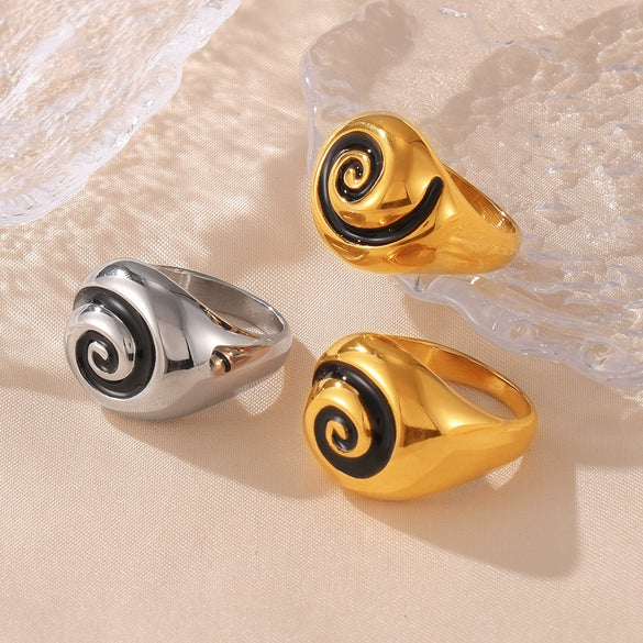 Wholesale Spiral Pattern Oil Drop 316L Stainless Steel 18K Gold Plated Finger Ring For Women Retro Simple Geometric Style