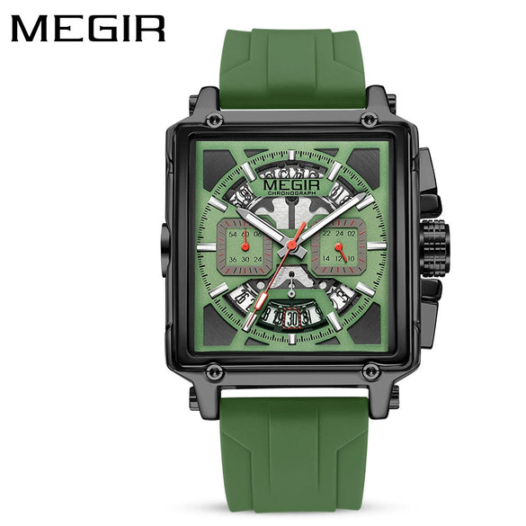Wholesale Sports Quartz Multifunction Chronograph Men's Watch Alloy Case Silicone Strap Stainless Steel Buckle Square Shape Waterproof Luminous