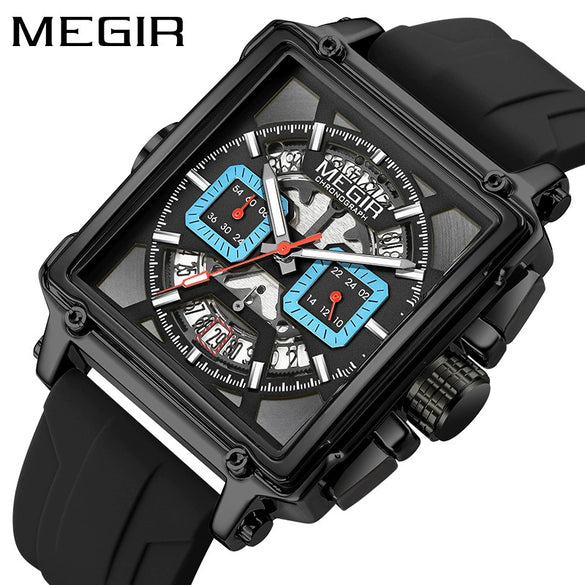 Wholesale Sports Quartz Multifunction Chronograph Men's Watch Alloy Case Silicone Strap Stainless Steel Buckle Square Shape Waterproof Luminous