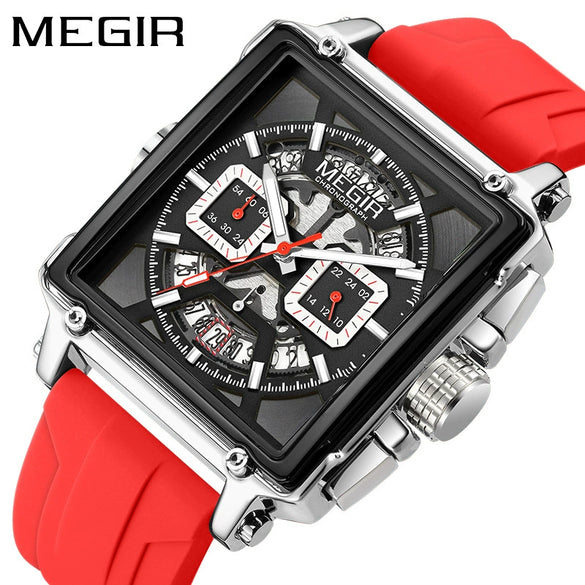 Wholesale Sports Quartz Multifunction Chronograph Men's Watch Alloy Case Silicone Strap Stainless Steel Buckle Square Shape Waterproof Luminous