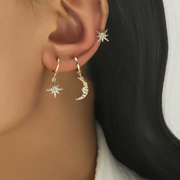Wholesale Sports Style Asymmetric Star And Moon Zircon Earrings Threepiece Set Copper 14K Gold Ear Needle Electroplated