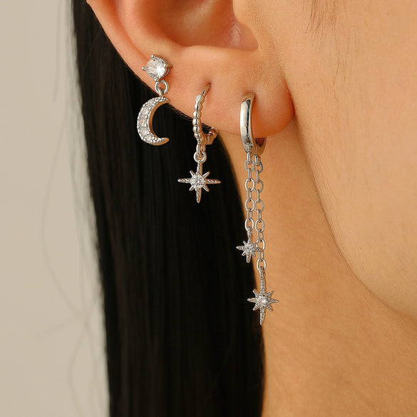 Wholesale Sports Style Asymmetric Star And Moon Zircon Earrings Threepiece Set Copper 14K Gold Ear Needle Electroplated