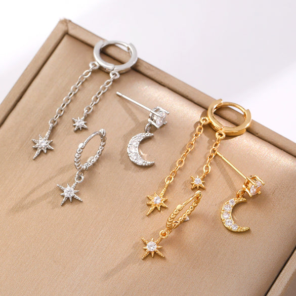 Wholesale Sports Style Asymmetric Star And Moon Zircon Earrings Threepiece Set Copper 14K Gold Ear Needle Electroplated